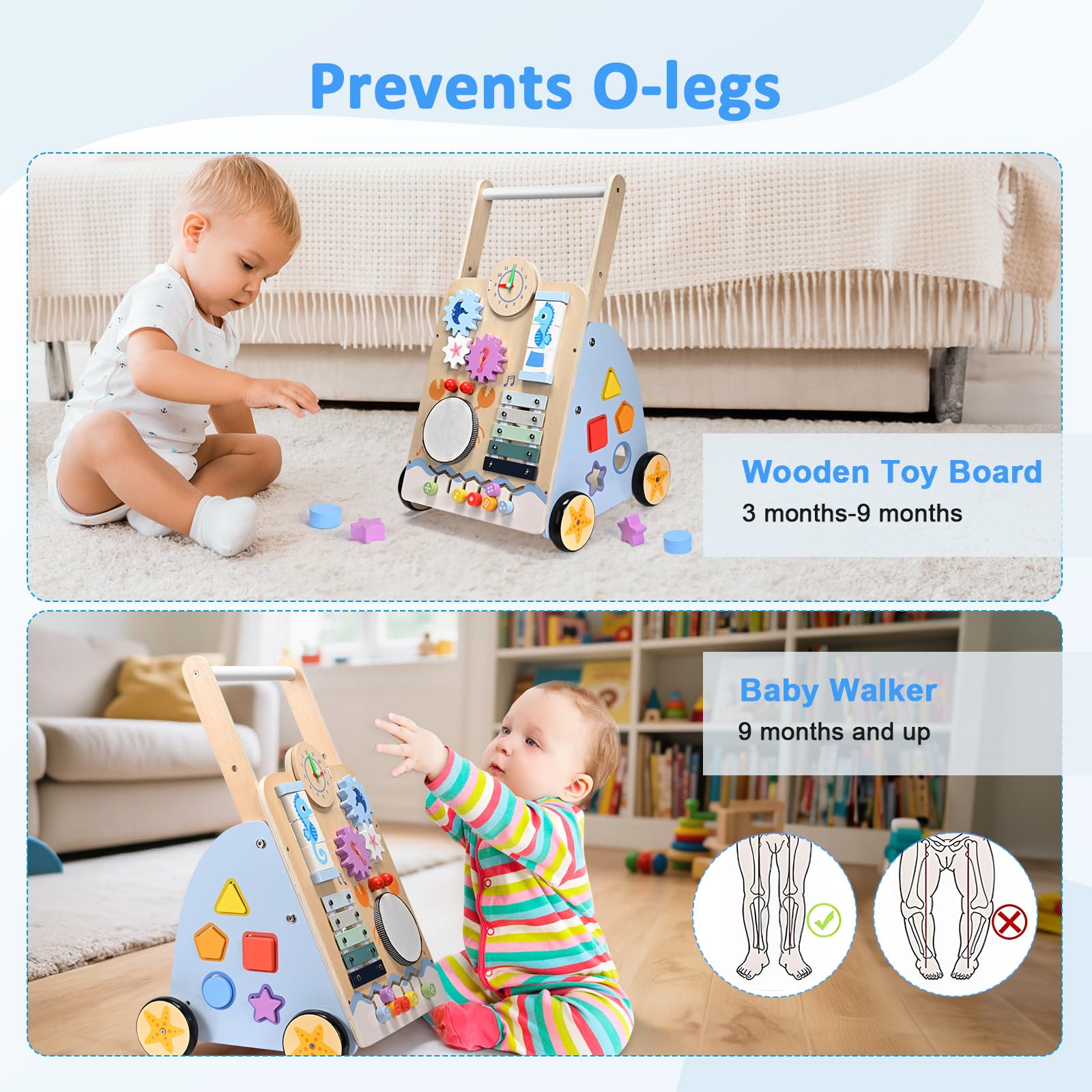Girello per Bambini di Legno, 8 in 1 Carrello Bambini con I Mattoncini, Girello Neonato 6-12 Mesi, Carrello Primi Passi Legno Montessori, Adatto per Regali di Prima Educazione