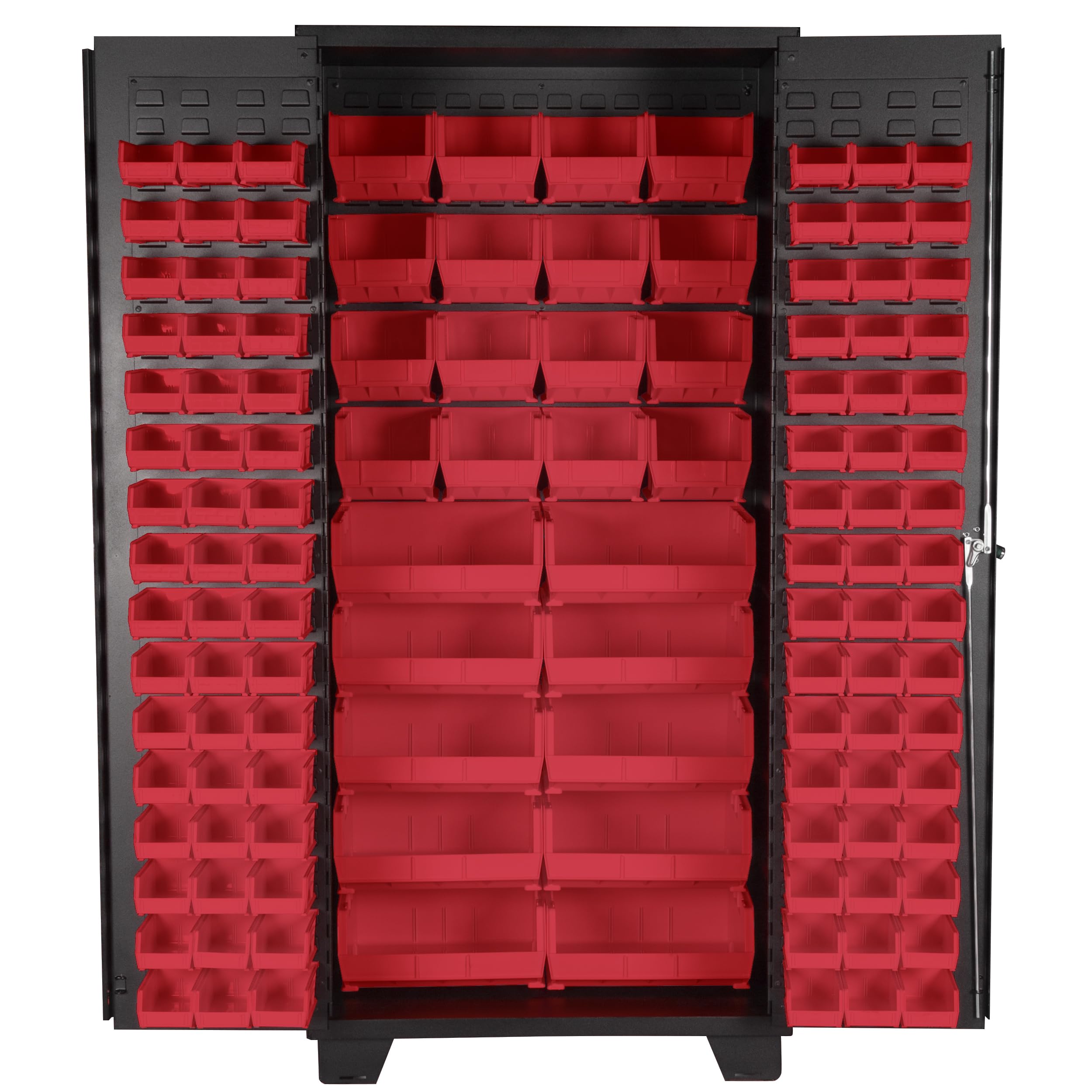 Jamco Tool Storage Cabinets with Bin Mounts, Model DF, Includes 122 Bins, 36-Inch W x 24-Inch D x 78-Inch H, Red Bins