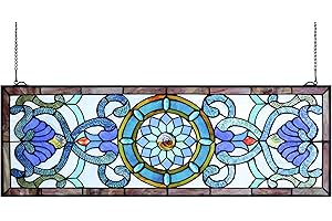 Yogoart Horizontal 35 Inch Blue Victorian Stained Glass Transom