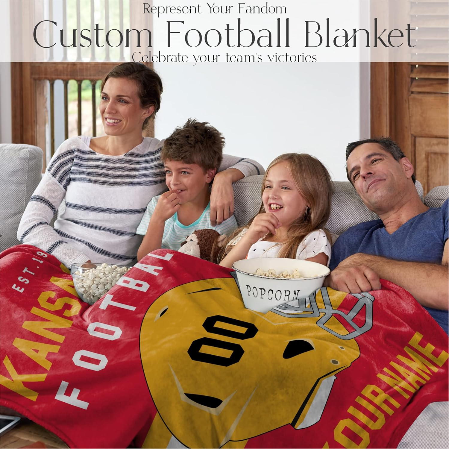 Personalized Football Throw Blanket for Kids and Adults | Warm and Soft Plush | American Football Custom Fan Gift with Helmet Number, Name, City, and Team Colors (50x60 Fleece - Kansas City) - Image 4