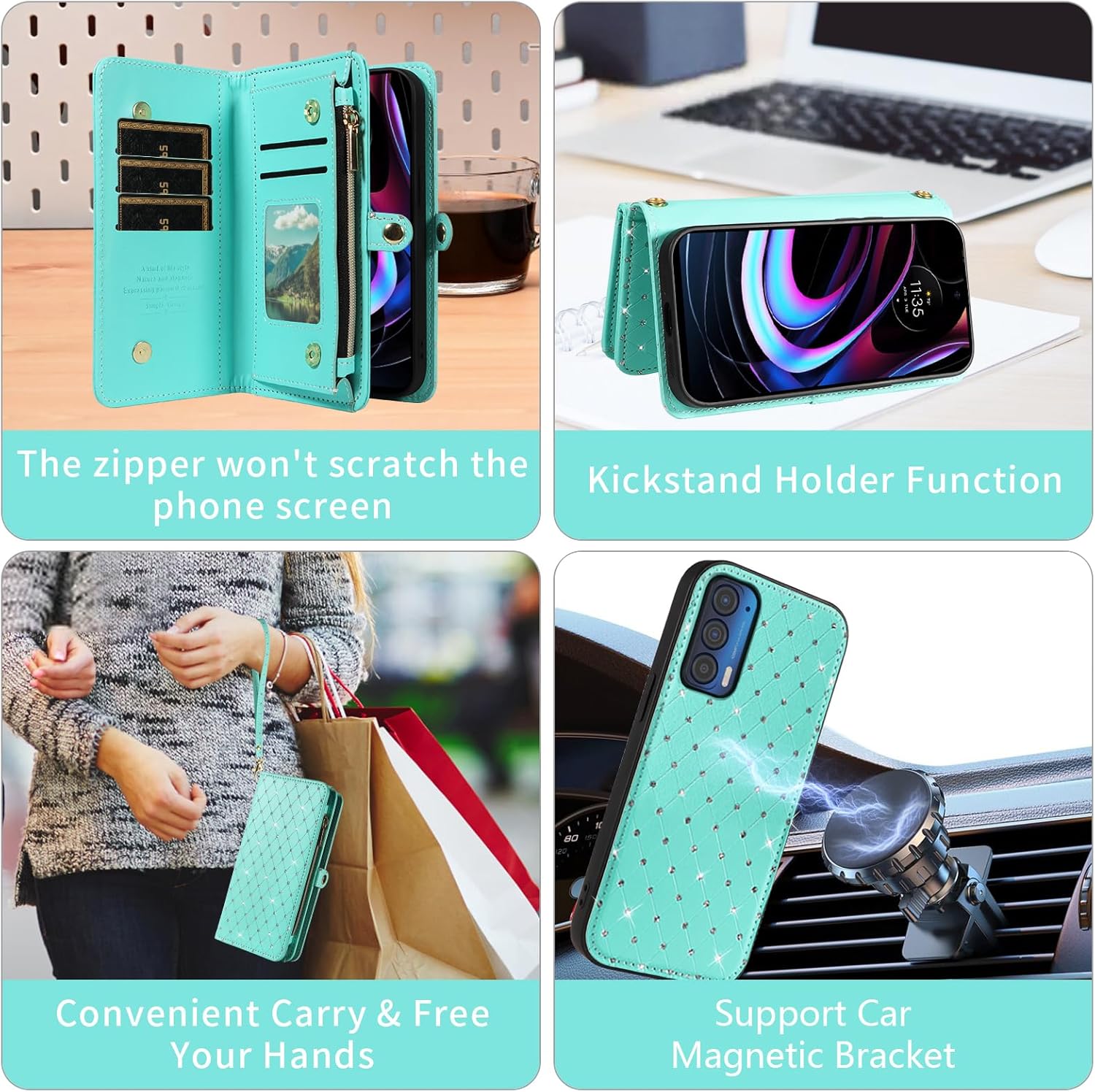 Asuwish Phone Case for Motorola Moto Edge 2021/MotoEdge 5G UW 2021 Zipper Wallet Detachable Cell Cover with Tempered Glass Screen Protector Strap Glitter Flip Card Holder Slot XT2141-1 Women Men Teal