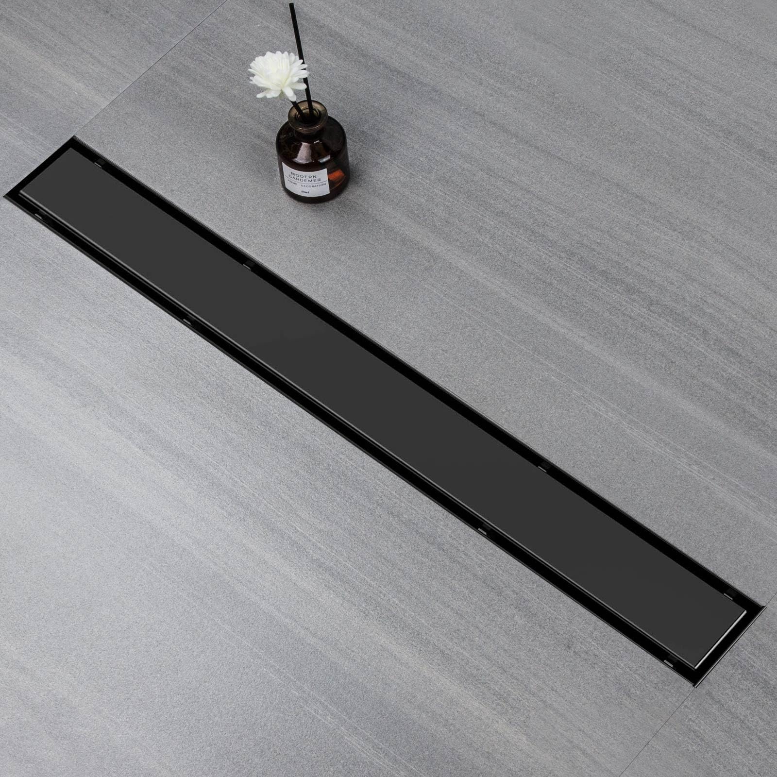 Canale doccia 90 cm, Nero Canale doccia piastrellato extra piatto, scarico pavimento in acciaio inox Set completo con filtro a sifone a 360°
