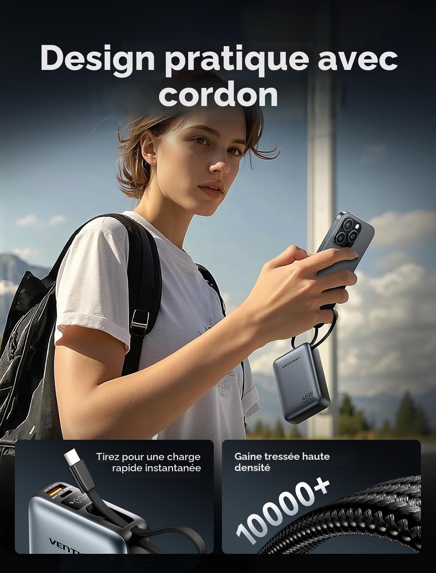 VENTION Mini Power Bank 45 W 20 000 mAh avec câble USB-C intégré, Chargeur Rapide PD/PPS, Batterie Externe de téléphone Portable avec écran LED pour iPhone 16/15/14, Galaxy S25/S24, iPad, Ordinateur