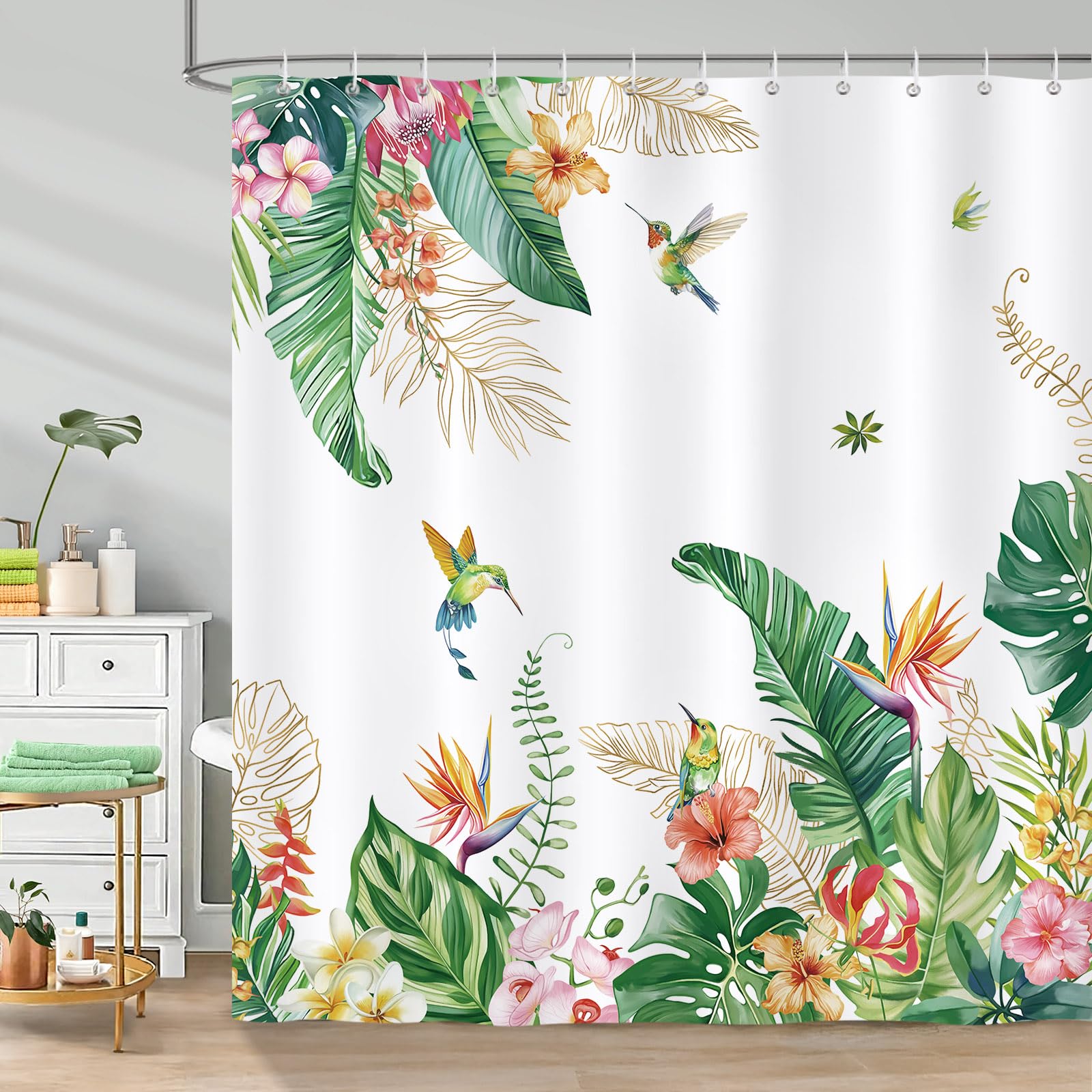 Bonhause Rideau de Douche Feuilles Fleur de Tropical Colibri Rideau de Bain Tissu Polyester Anti Moisissure Imperméable Lavable Rideaux Salle de Bain 180 x 180 cm avec 12 Crochets pour Baignoire