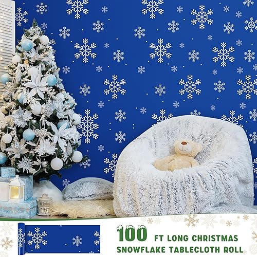 Miniatura 3 de Dandat Mantel de Navidad de 100 pies de largo, mantel de copo de nieve de Navidad, cubierta de plástico de copo de nieve blanco, decoración de mesa