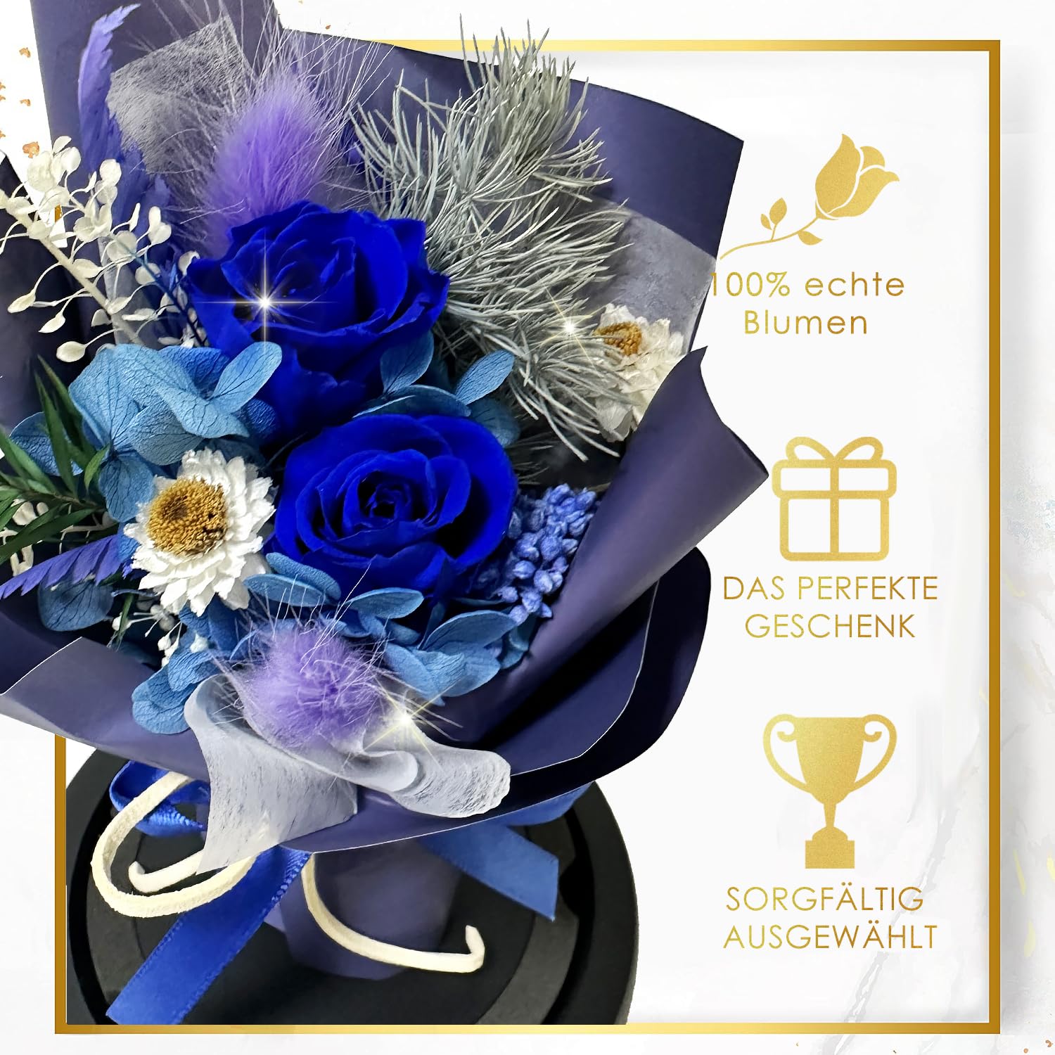 Regalo para mujeres, rosa eterna en cristal con LED, ramo de rosas azules, decoración para el hogar, flores reales duraderas para mamá, novia, esposa, abuela (azul)