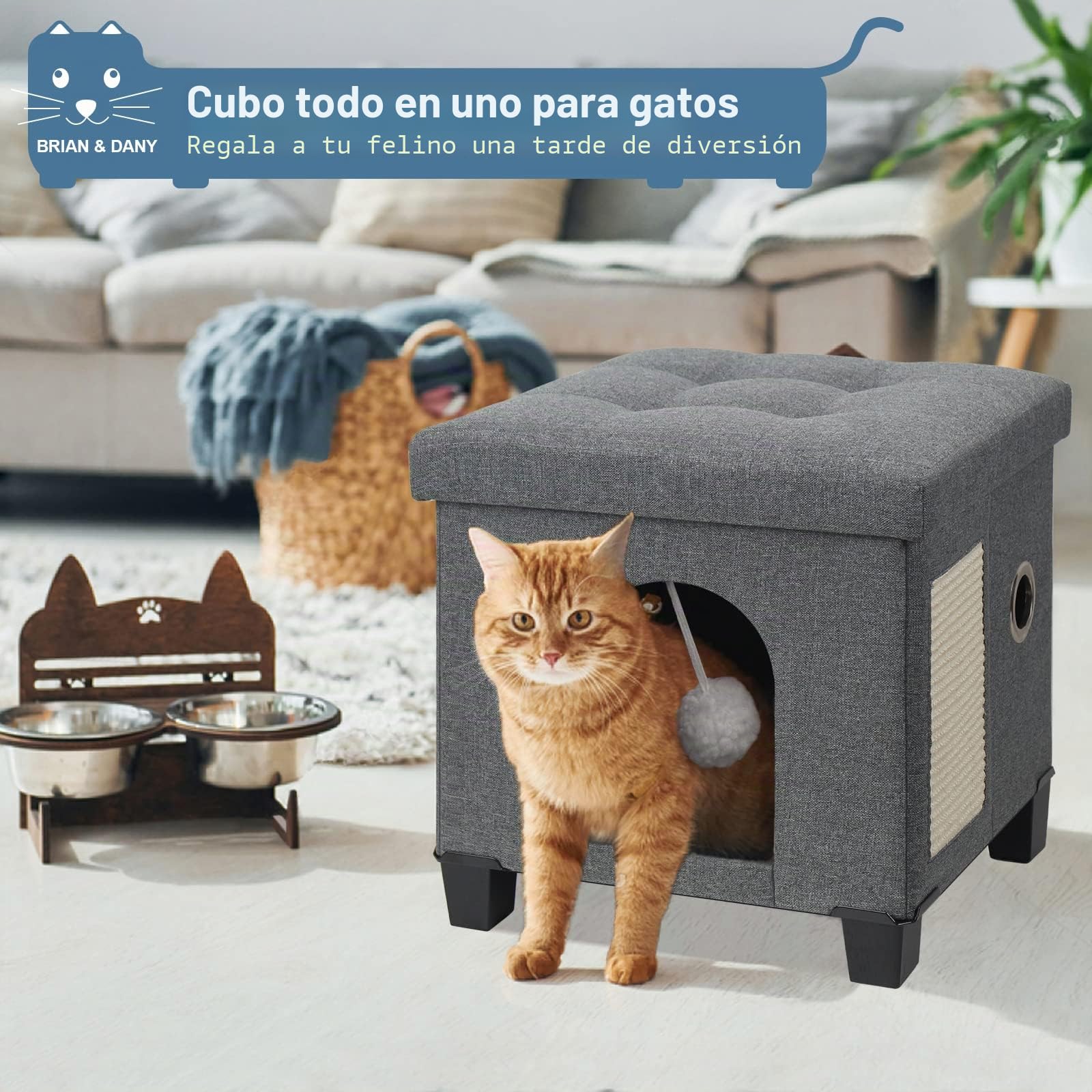 BRIAN & DANY Casa Gato, Cueva para Gatos de Interior, Cama Plegable para Gatos con Tabla Rascador y Pelota de Juego, Taburete con Patas de Madera, 37,5 x 32,5 x 36 cm, Gris