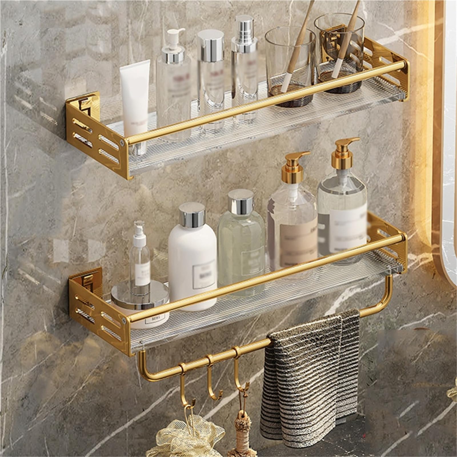 AYCDL Wall Mounted Shower Caddy with Hooks - Corner Bathroom Shelf nizer for Towels & Accessories - Space-Saving Storage Solution for Your Shower,Gold-2 layers with rod 50CM