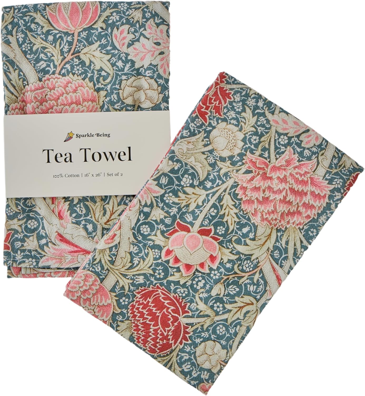 William Morris Cray Tea Towels for Kitchen – 100% Cotton, Reusable, Highly Absorbent & Durable Kitchen Dish Towels Set | Cute & Decorative Kitchen Towels | 16" x 26" (Set of 2)