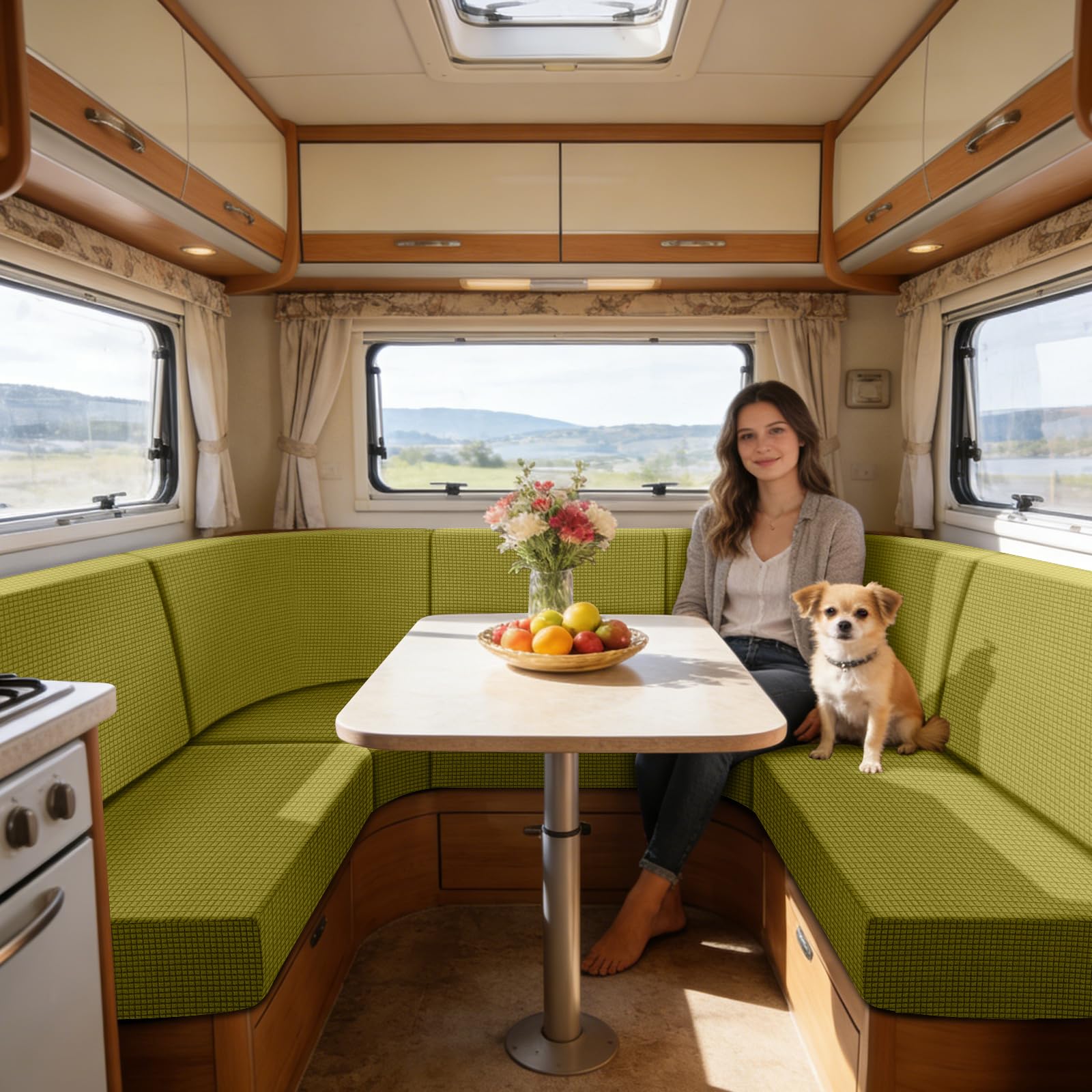 SYLC Caravan Seat Cover Stretch Jacquard, Non-slip RV Dinette Cushion Covers with 2 Straps, Couch Cushion Covers for Camper Sofa Bench (Beangreen,Corner backrest)