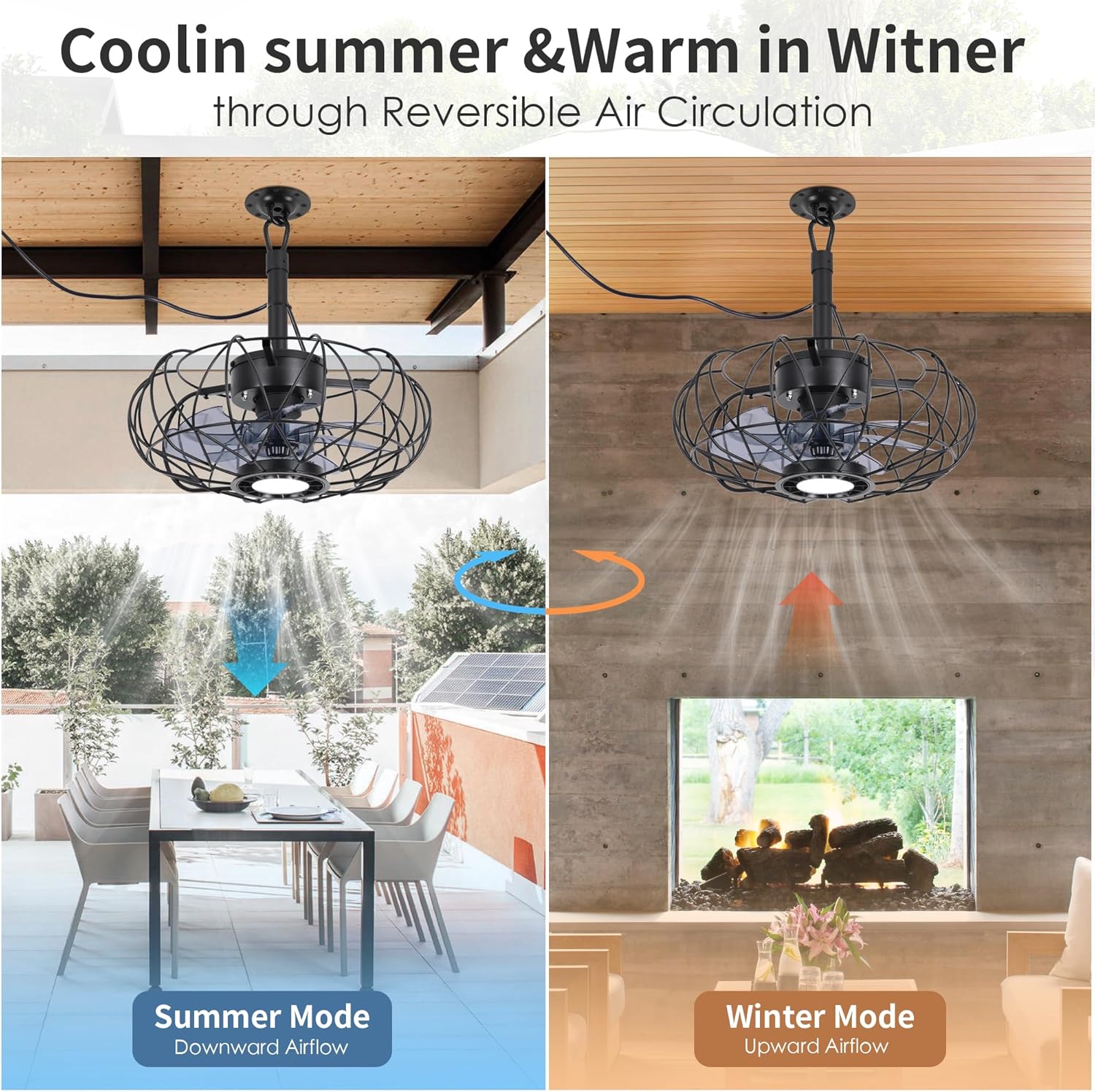 Outdoor Gazebo Fan with Hanging Hook, 15'' Waterproof Outdoor Ceiling Fan with Lights and Remote, 3CCT Dimmable 6-Speeds Reversible Quiet Plug in Caged Ceiling Fan for Patio Porch Pergola Canopy,Black