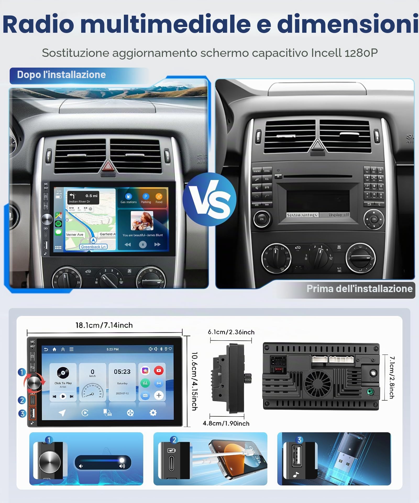 【4G+128G】Hodozzy Autoradio 2 Din con Wireless Carplay Android Auto con USB Tipo C, Schermo Incell da 7 Pollici Stereo Auto con Bluetooth/DSP/WiFi/RDS/FM/SWC/Telecamera Retromarcia