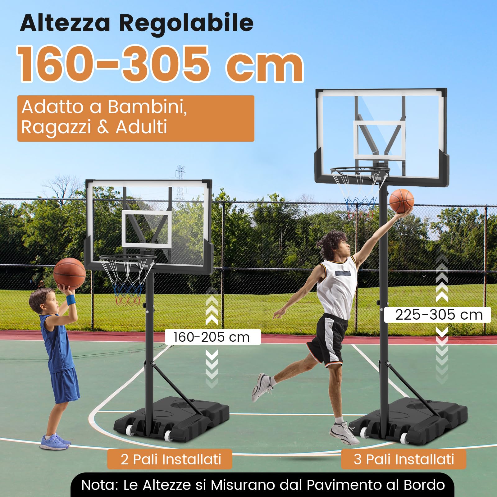 COSTWAY Canestro da Basket Regolabile 160-305 cm in Altezza per Adulti, Canestro con Piantana a Ruote, Canestro con Asta e Base Riempibile per Interno ed Esterno, Nero