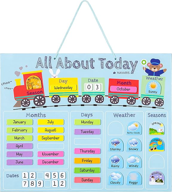 Navaris Kids Magnetic Calendar - Early Years Learning - Weather, Date, Month, Day, Season Educational Chart for Children - English Language