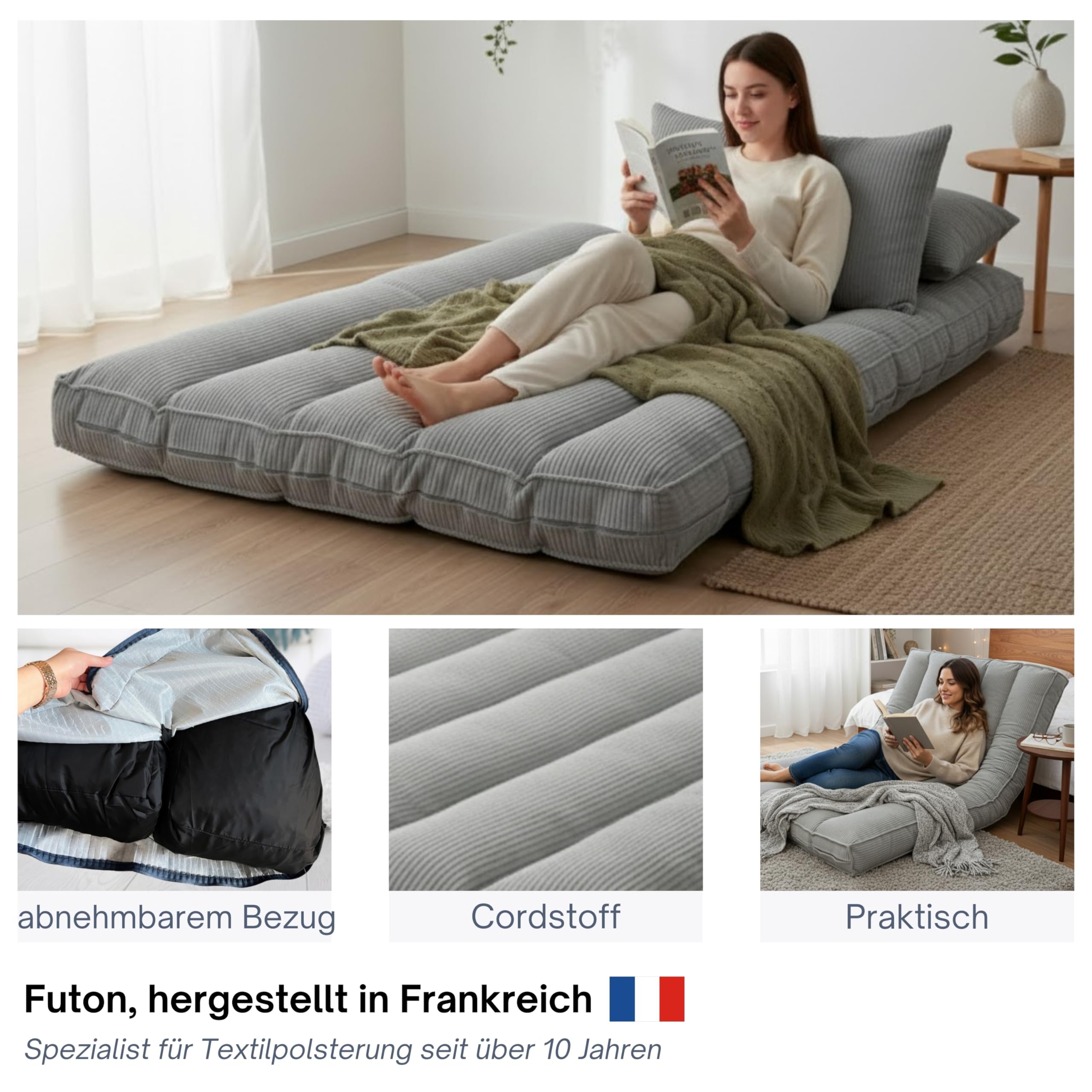bananair Futon für 2 Personen - Dick & Bequem, Waschbarer Bezug, Ideal als Klappbare Bodenmatratze - Japanische Matratze, Aufbewahrungsgurt Enthalten (140 × 190 cm, Hellgrau)