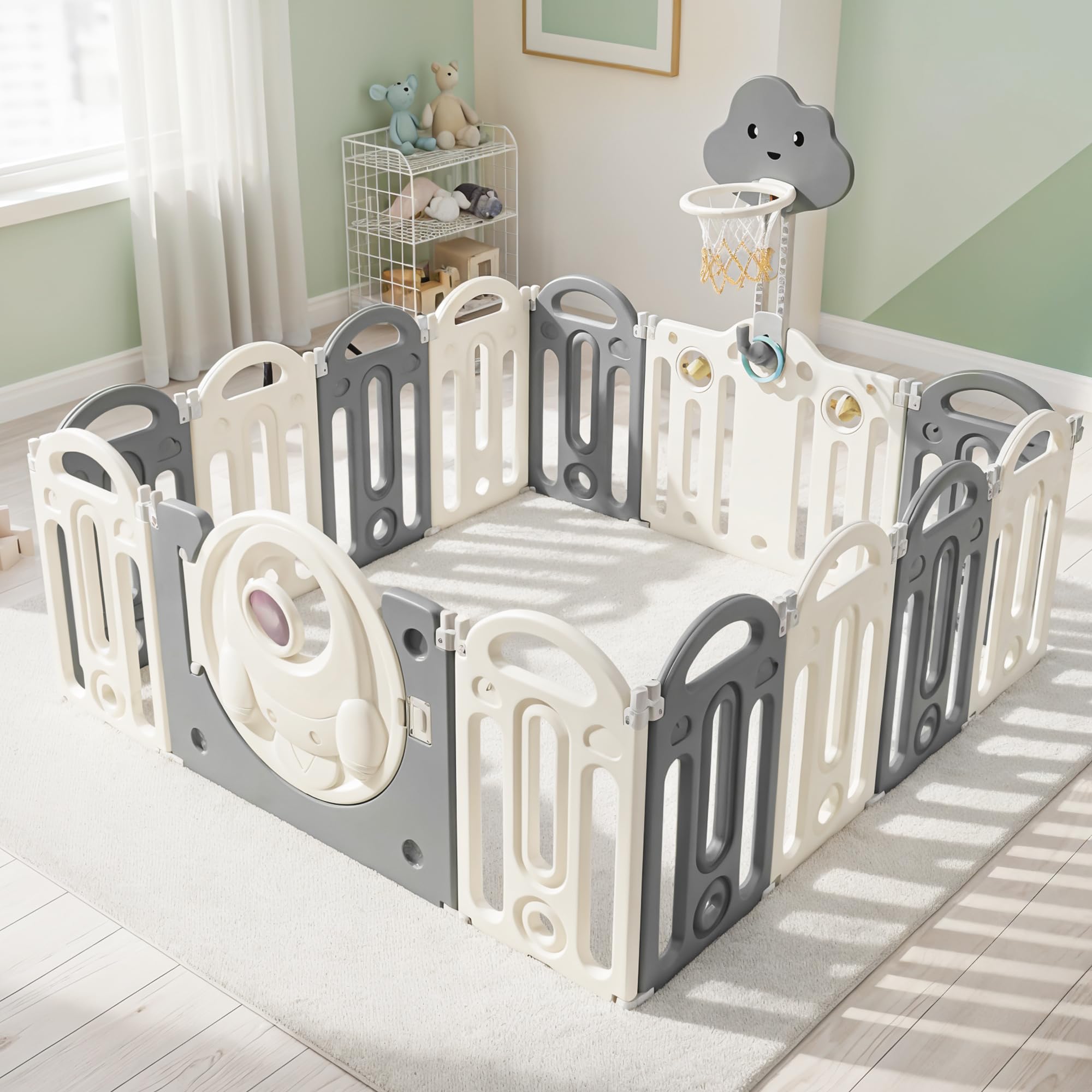 Baybee Kids Playpen for Babies | Foldable Baby Play Area Indoor Setup with Basket Ball Hoop, Safety Door Lock & Double Knob | Baby Activity Playards with Kids Customized Shapes | Outdoor Play Pen for Baby for 0 - 5 Years Boys Girls (Grey-14 Panels)-image-8
