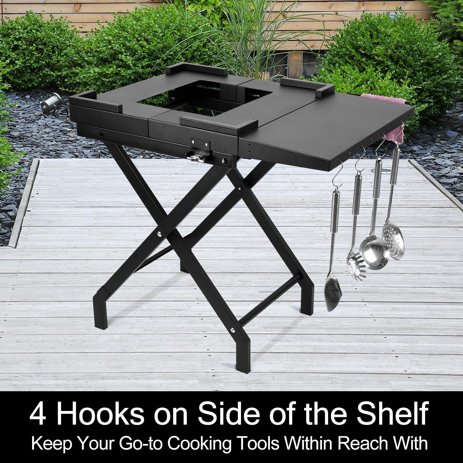Rejekar Grill Table Folding Stand fit Ninja OO101, OG701, OG751, OG850 and OG951 Series Wood fire Outdoor Appliance with Side Table & Tissue Holder, Metal Stand Solid and Sturdy
