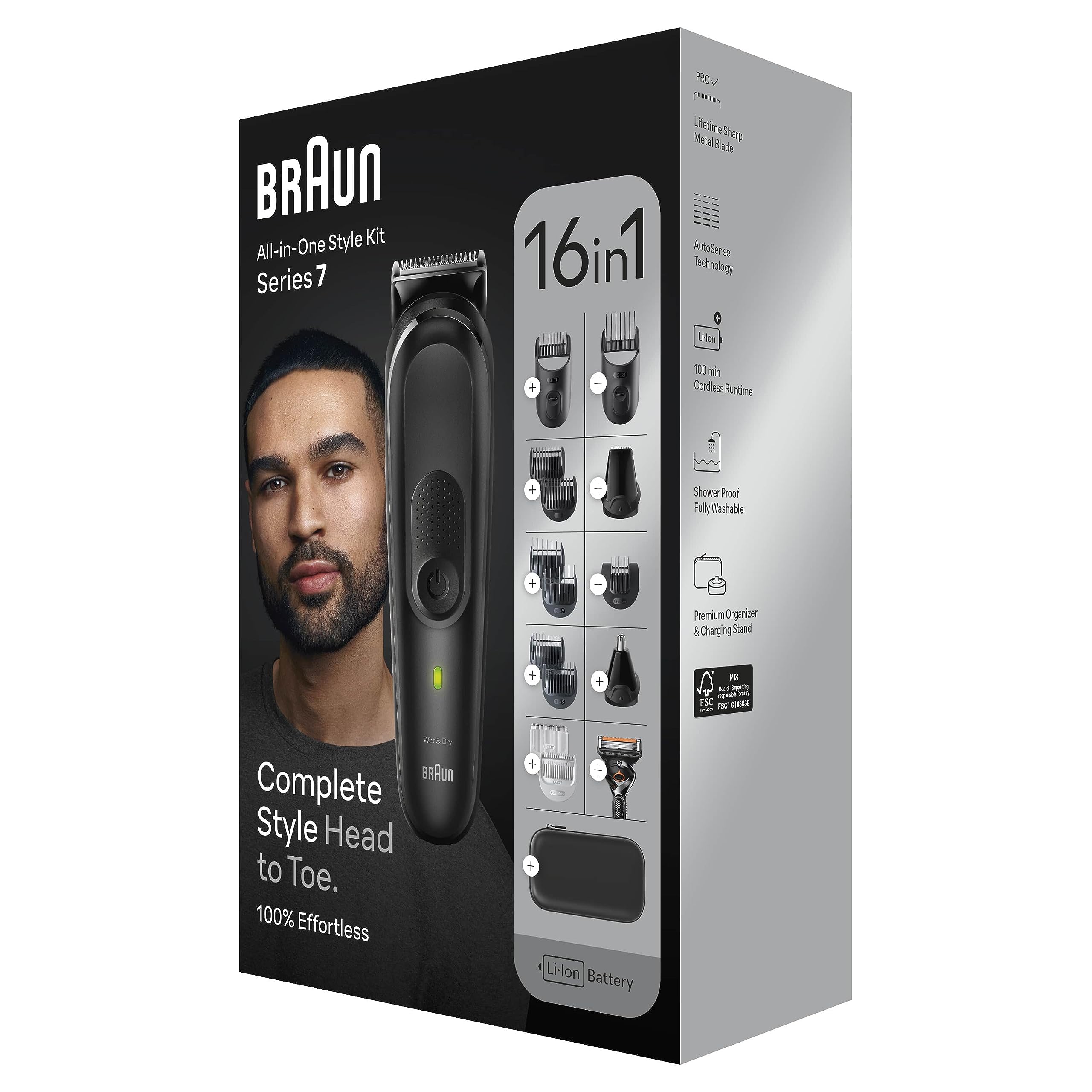 Braun Todo en uno Serie 7 MGK7470, 16 en 1, cuidado diario para hombres, recortar la barba y el cabello, afeitado, depilación de orejas y nariz y más, base de carga y funda, impermeable