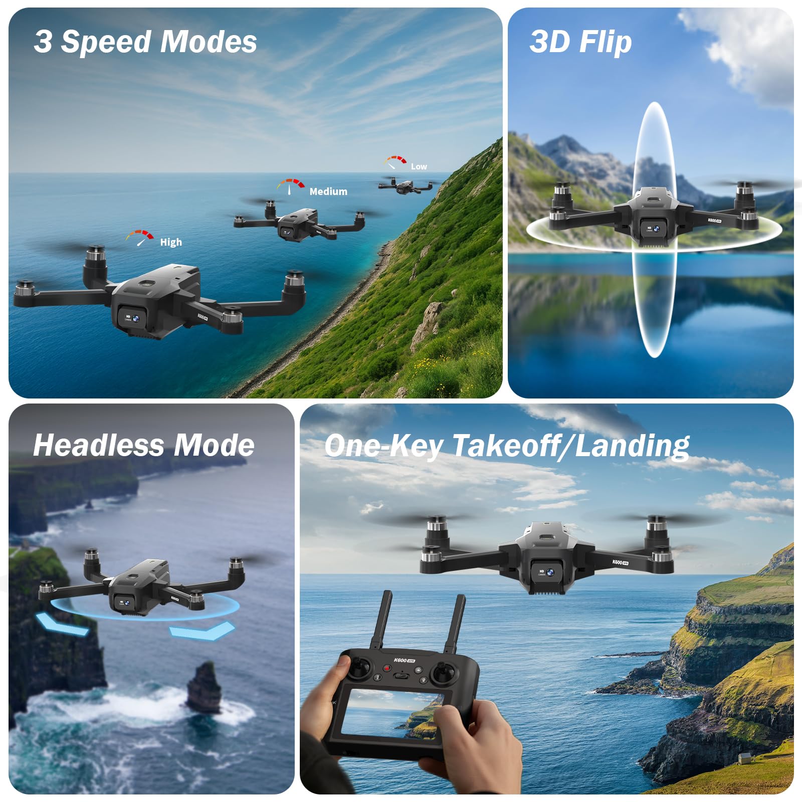 Dron GPS con cámara, motor sin escobillas, retorno automático Follow Me y tarjeta SD, batería modular