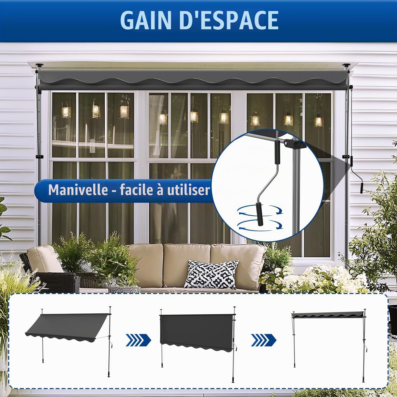 Store Banne Rétractable Terrasse 200x120cm, Store de Balcon-Hauteur Réglable Manuel, Auvent de Patio sans Perçage, Store Téléscopique Extérieur UV Résistant, Marquise de terrasse, Gris Foncé