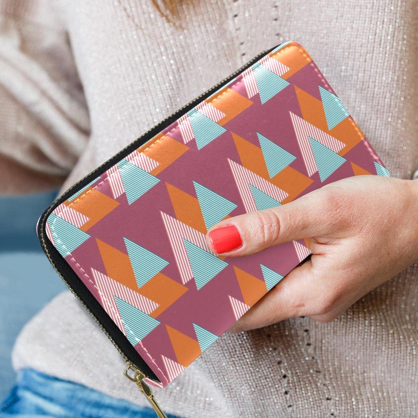Cartera de cuero con cremallera larga a rayas con patrón de triángulos geométricos, Varios colores, 20.5x2.5x11.5cm/8.07x1x4.53 in, Classic
