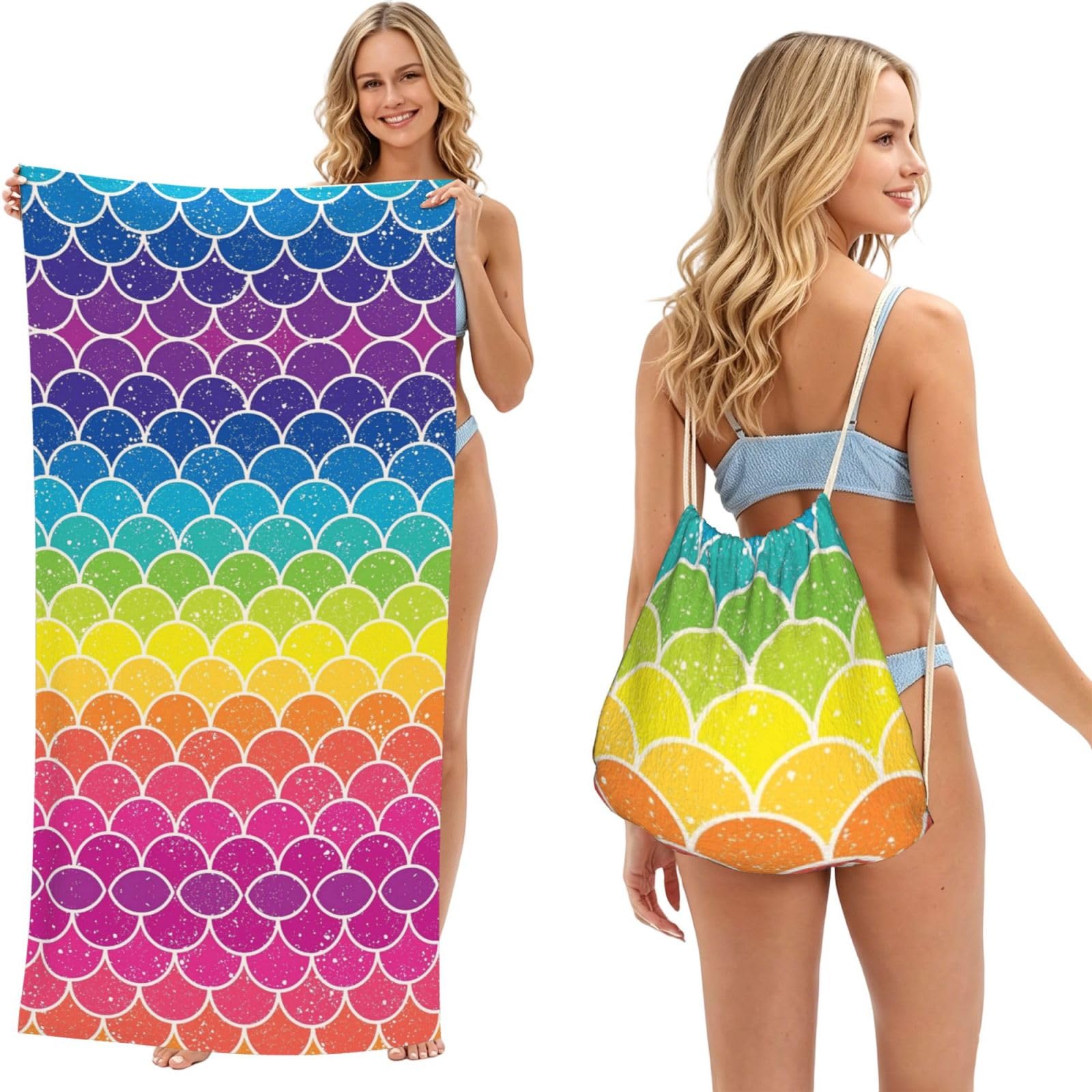 SATUSA Rainbow Fish Print 2-In-1 Foldable Beach Towel Backpack â€“ Camping, Yoga And Travel,Bath Towel With Built-In Storage, Convertible Beach Mat & Carry Bag