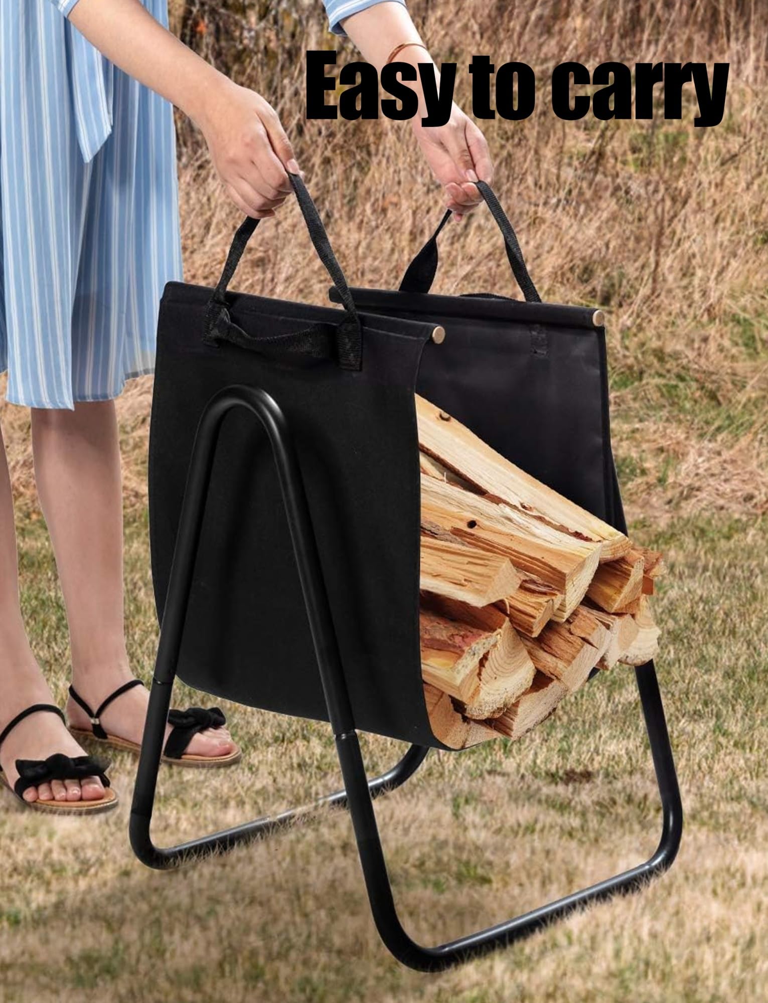 Leñero de Gran Capacidad con Bolsa de Transporte, Soporte for leña for Interior y Exterior, Cesta de Acero con Asas for Chimenea, Patio y jardín.