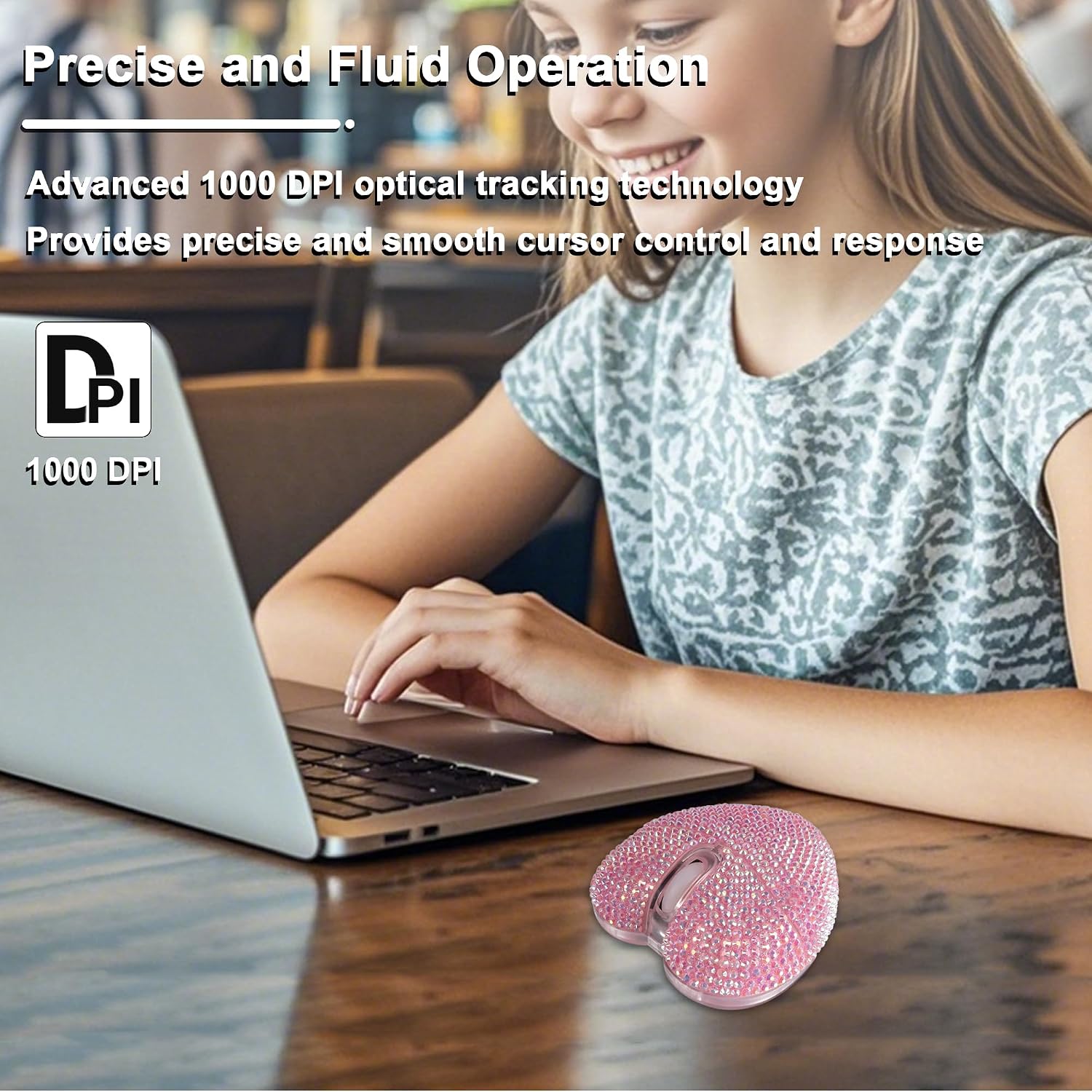 Wireless Mouse Bluetooth Cute Bling Diamond-Encrusted Pink Heart Shape Computer Mice with LED Light 1000DPI 2.4GHz & Bluetooth Dual Mode Rechargeable USB Cordless Mouse for Laptop PC Desktop Gift