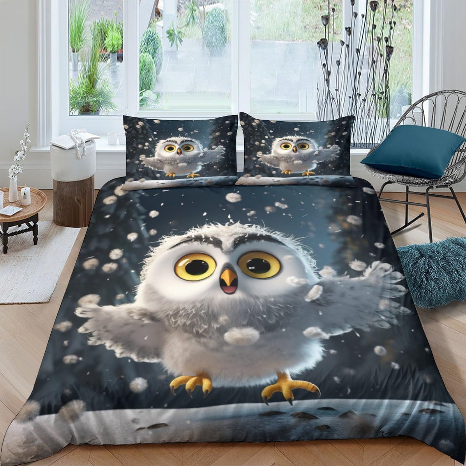 Housse de couette chouette mignonne 3D blanche 200x200 cm avec taies