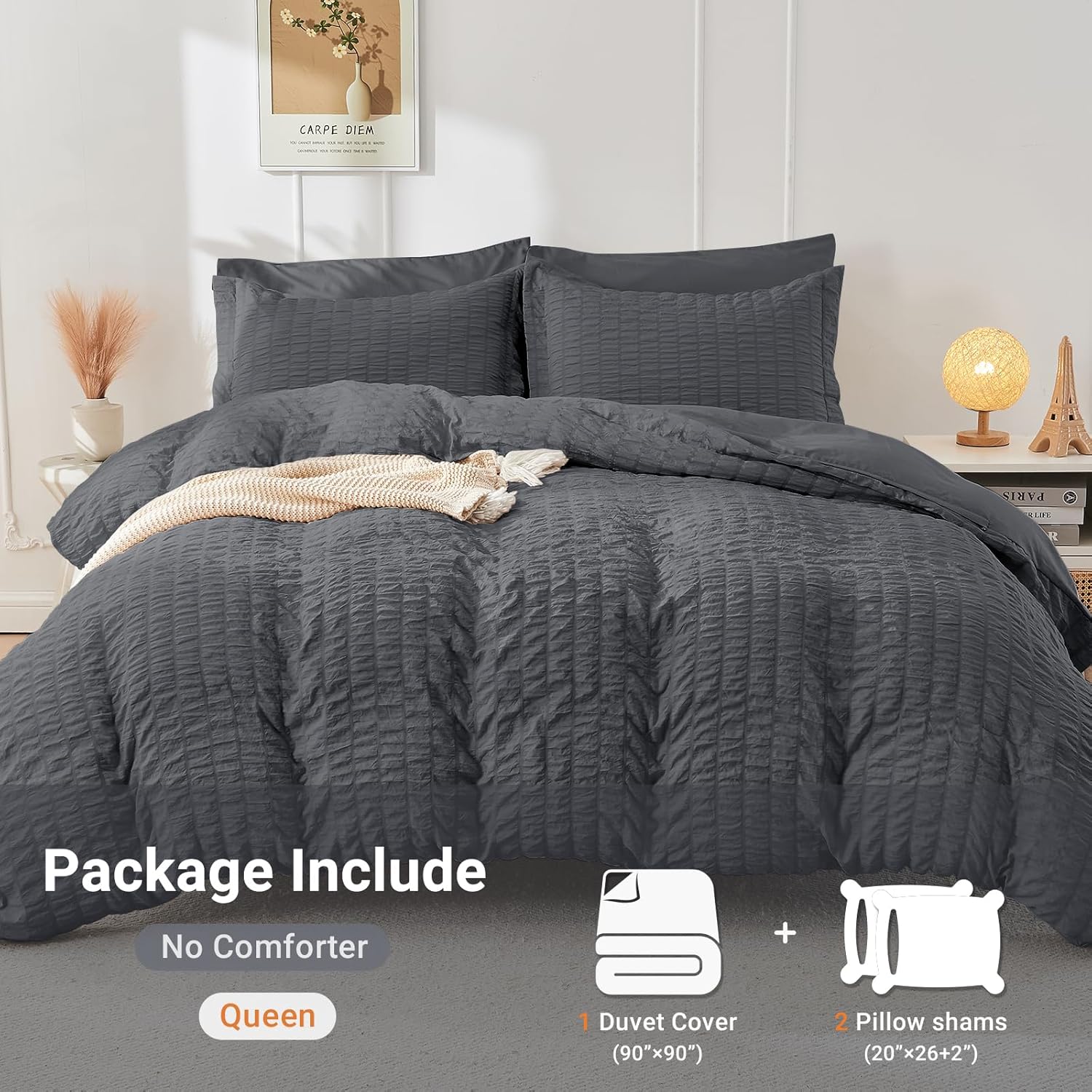 HYMOKEGE Dark Grey Duvet Cover Queen Size, Ultra Soft 3-Piece Seersucker Duvet Cover Set with Zipper Closure, Soft Brushed Microfiber Bedding Set with 8 Corner Ties (90"x90", 2 Pillowshams) Queen(90"×90") 01 - Dark Grey (No Comforter) image 6 of 8 B0BZ767YVF