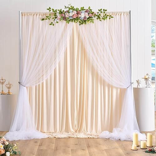 Miniatura 4 de Cortinas drapeadas de tul de color champán para telón de fondo ideales para baby shower, boda, sesión de fotos, fiesta de compromiso, despedida de