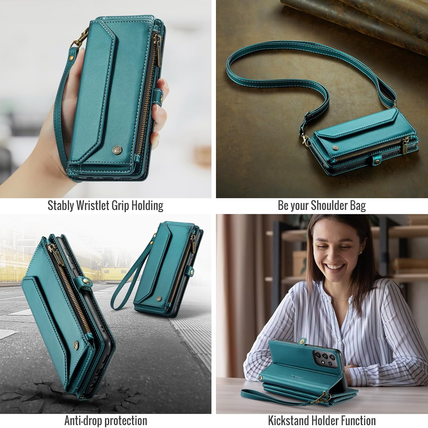 for Samsung Galaxy A23 Wallet Case with RFID Protection, Card Slots, Kickstand, Detachable Strap – Shockproof PU Leather Flip Crossbody Phone Cover Galaxy A23, Blue Green