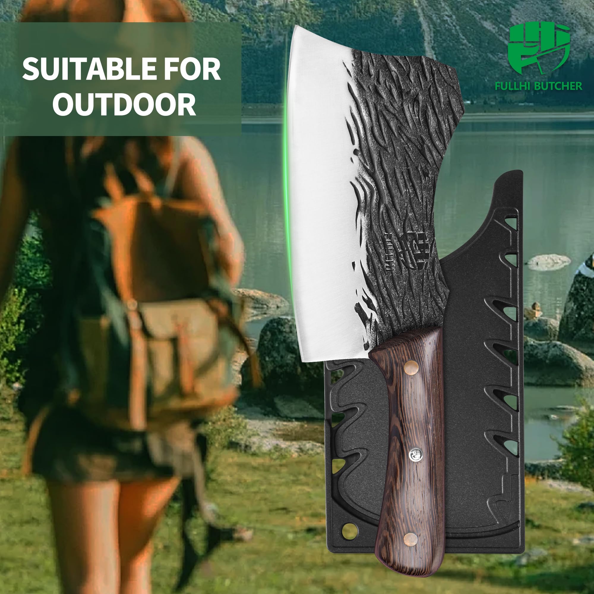 FULLHI Meat Cleaver bbq Cuchillo de Chef con Fundas de Acero al Carbono para Cortar Carne Set de Cuchillos de Cocina para Regalos Idea Hombres mujeres (Marrón, 19,5cm)