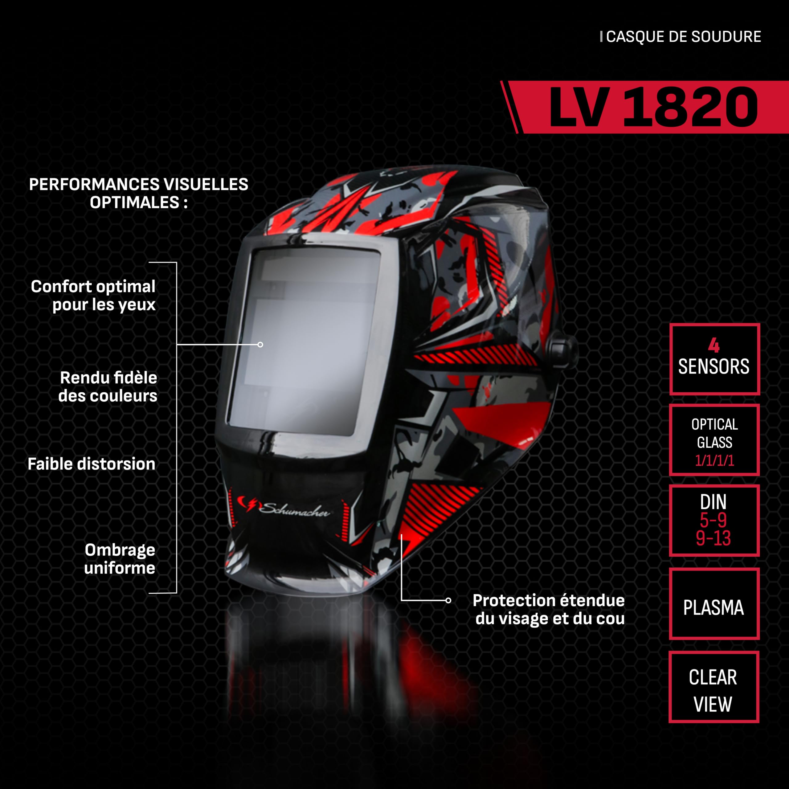 Schumacher Electric - Masque de Soudure Automatique Couleur Vraie/True Color – Casque de Soudeur Professionnel – DIN Variable – Ecran panoramique - Bandeau Anti-Transpiration