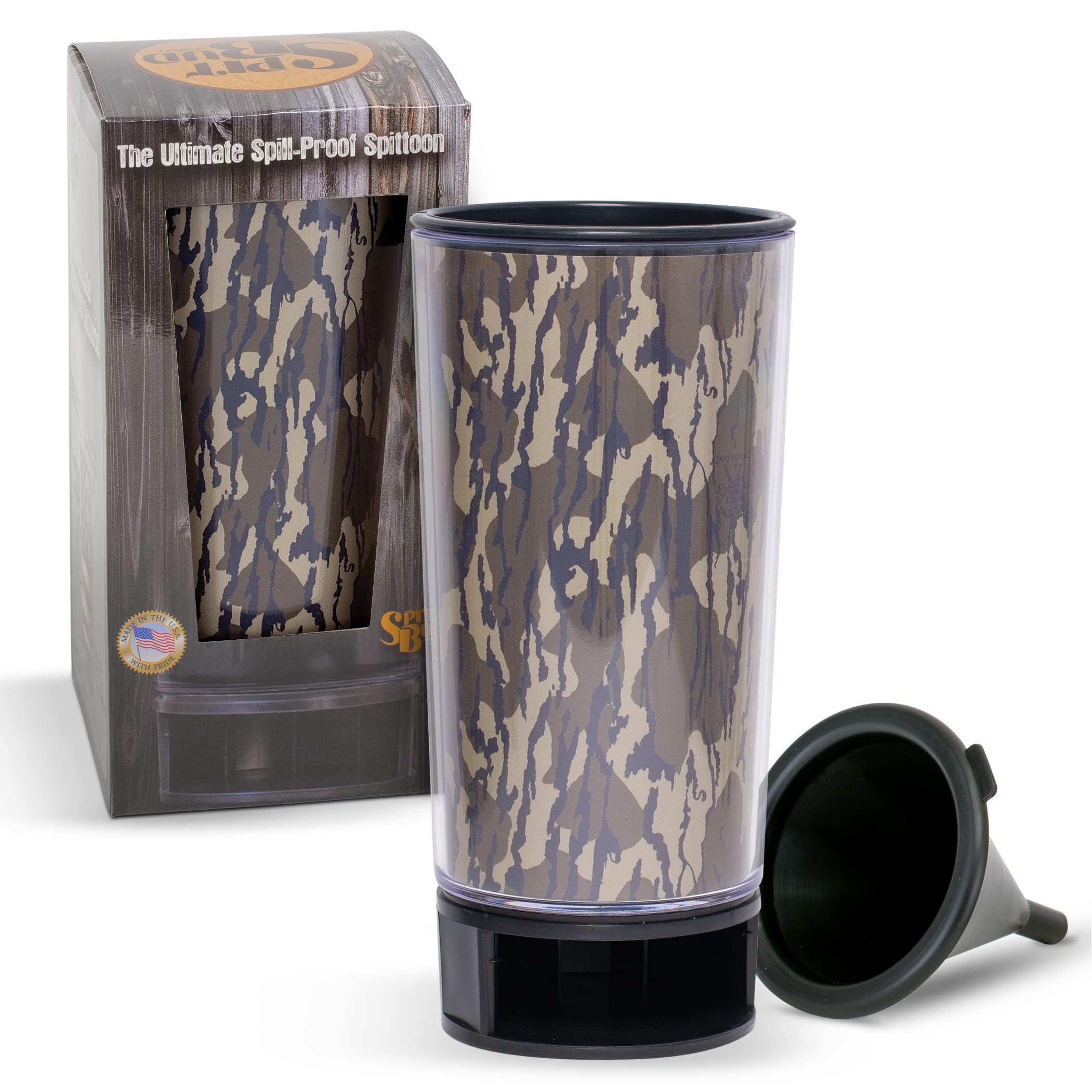SPITBUD.COM Mossy Oak Bottomland Camo - The Ultimate Spittoon Chew - Portable Dip & Snuff Cup with Lid, Pop Tab, Spill-Proof Funnel, Can Cutter &