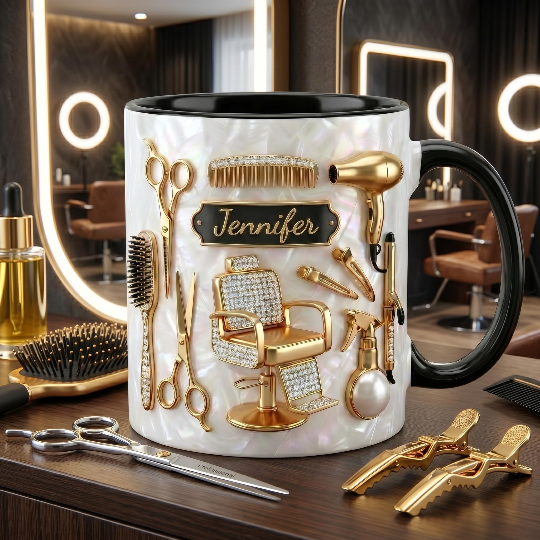 Personalized Hair Stylist Mug,Personalised Coffee Mug Custom Name,Hairdresser Coffee Cup for Women,Salon Tools Design Gift,Funny Cosmetology Graduation Present,2D Double-Sided Print 330/450ml (01)