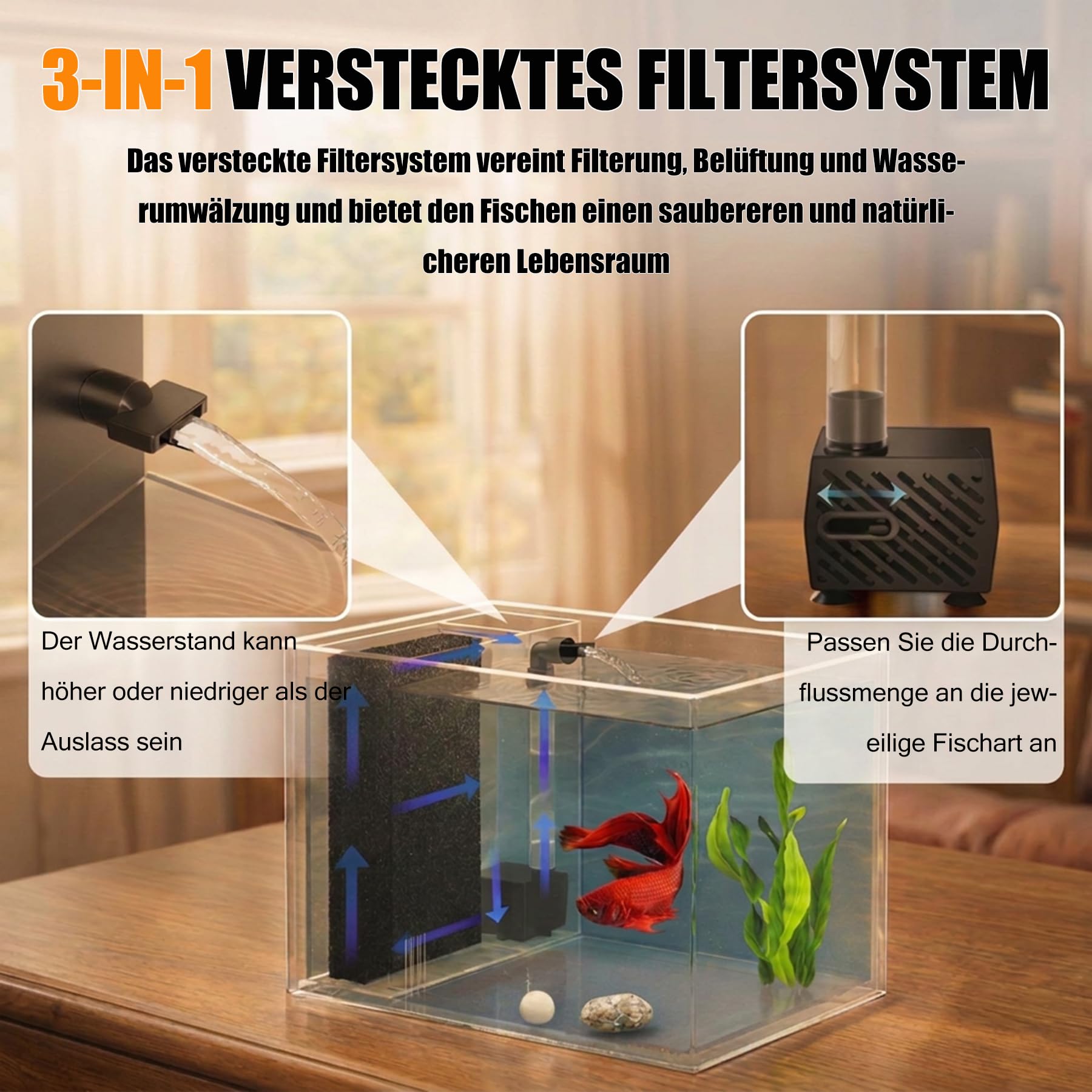 Betta Aquarium Komplettset 3,7L Acryl mit Filterpumpe LED-Beleuchtung Schwarz