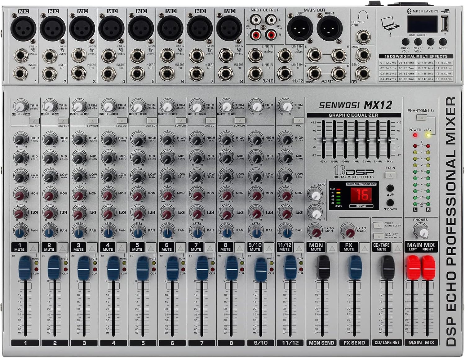 SENWOSI 12Channel DJ Professional Mixer, BT Function w/USB Audio