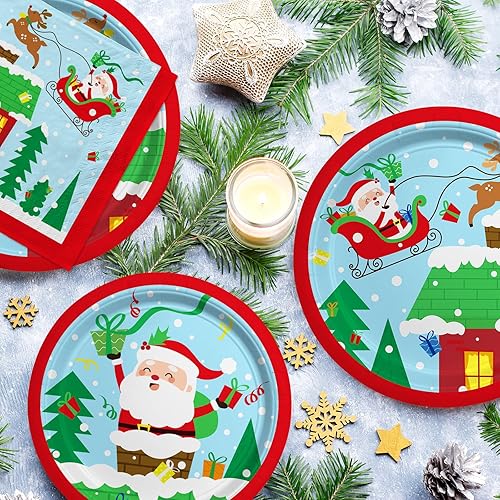 Miniatura 3 de Suministros para fiestas de Navidad  Juego de platos, servilletas y tazas de papel desechables con temática de Papá Noel de Navidad con mantel de