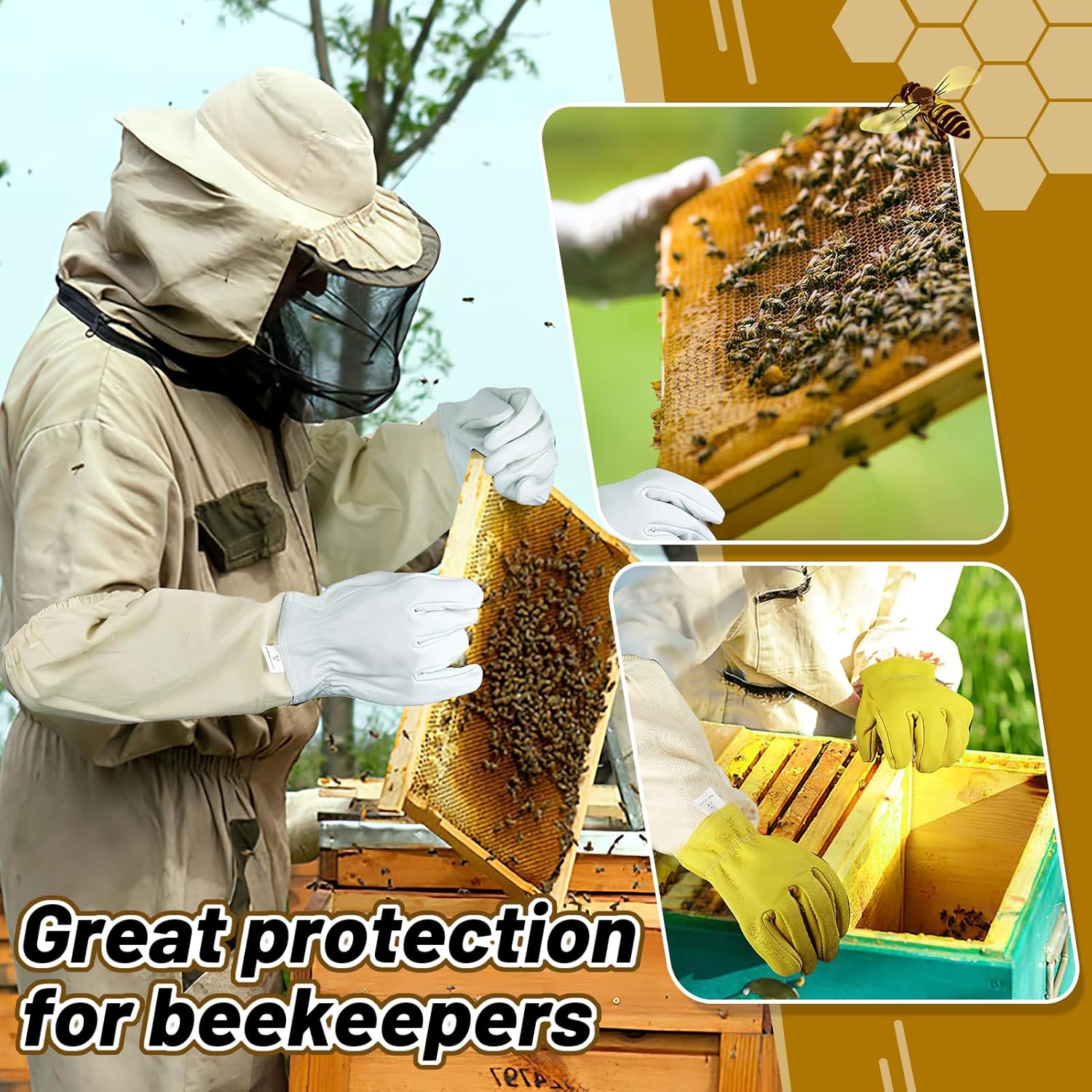 ANPHSIN 2 pairs Long Goatskin Beekeeping Gloves for Beekeepers - Protected Leather Gloves, Beekeeping Supplies, White/Yellow - Image 5