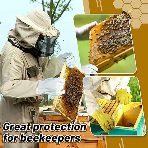 Vista 5 de ANPHSIN 2 pares de guantes largos de piel de cabra para apicultores, guantes de cuero protegidos, suministros de apicultura, blanco/amarillo