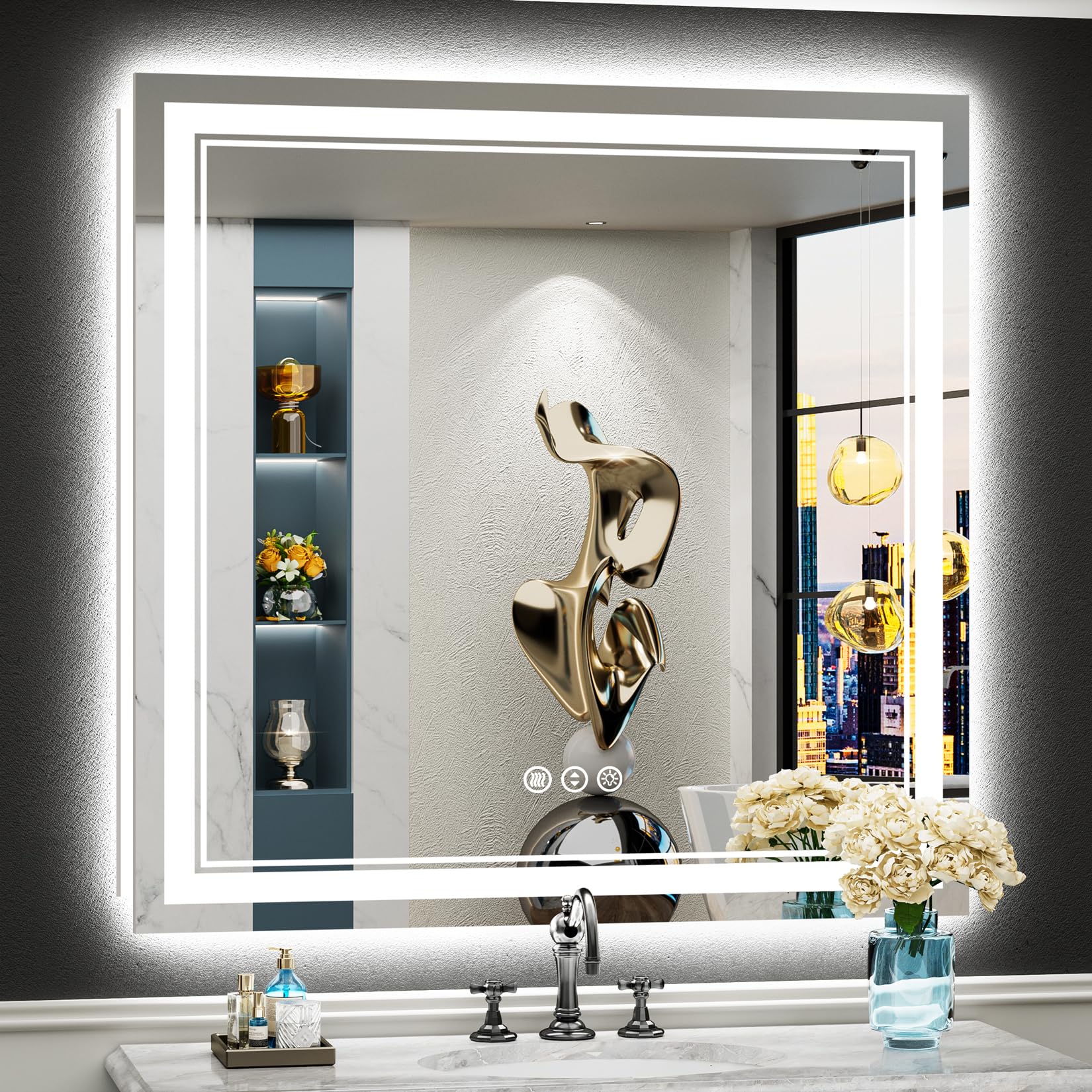 38x38 LED Bathroom Mirror with Lights, Backlit and Front Lit Anti-Fog Lighted Vanity Mirrors for Bathroom Wall, Dimmable, 3-Color Light, Memory, Shatter-Proof, HD Tempered Glass, CRI?90