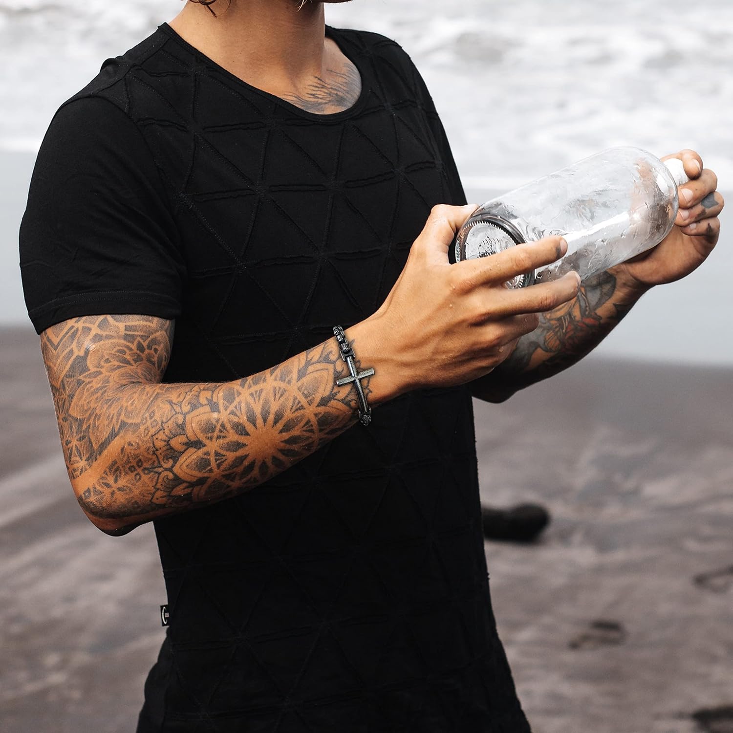 Mens Christian Cross 316L Stainless Steel Chain Bracelet, 8.7" Link Bracelet for Men with Lobster Clasp - Image 3