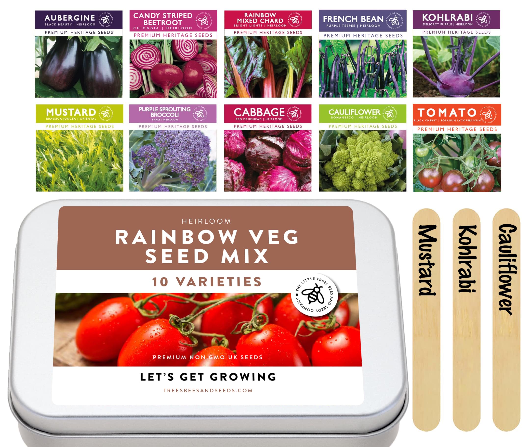 Rainbow Vegetable Seeds for Gardening, 10 Easy Sow Seed Varieties, 10 Plant Markers & Growing Guide - Gifts for Adults & Kids,Little Trees Bees & Seeds Co