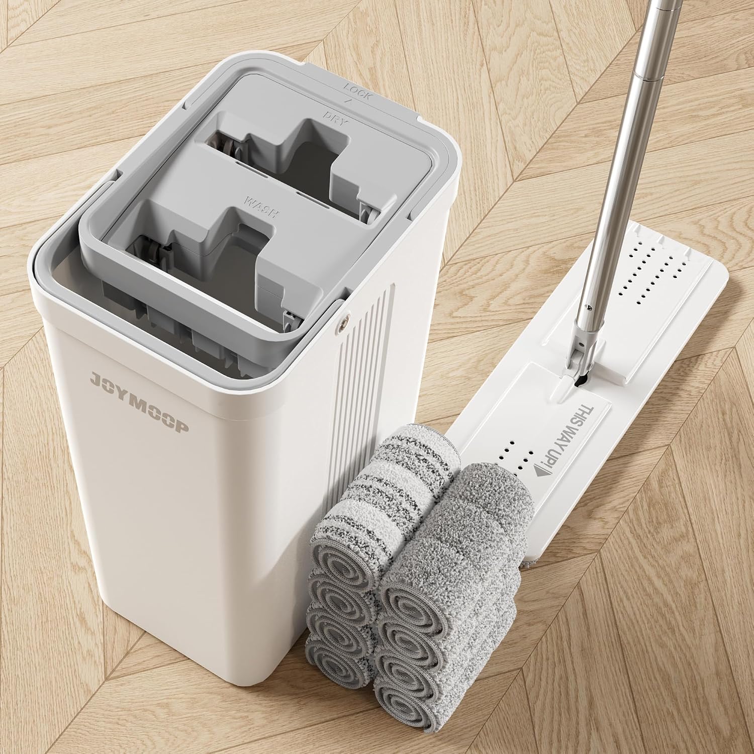 JOYMOOP – Fregona plana con toallita de microfibra y cubo con escurridor, con mango largo, uso húmedo o seco, limpieza del hogar, para parquet, laminado, baldosas