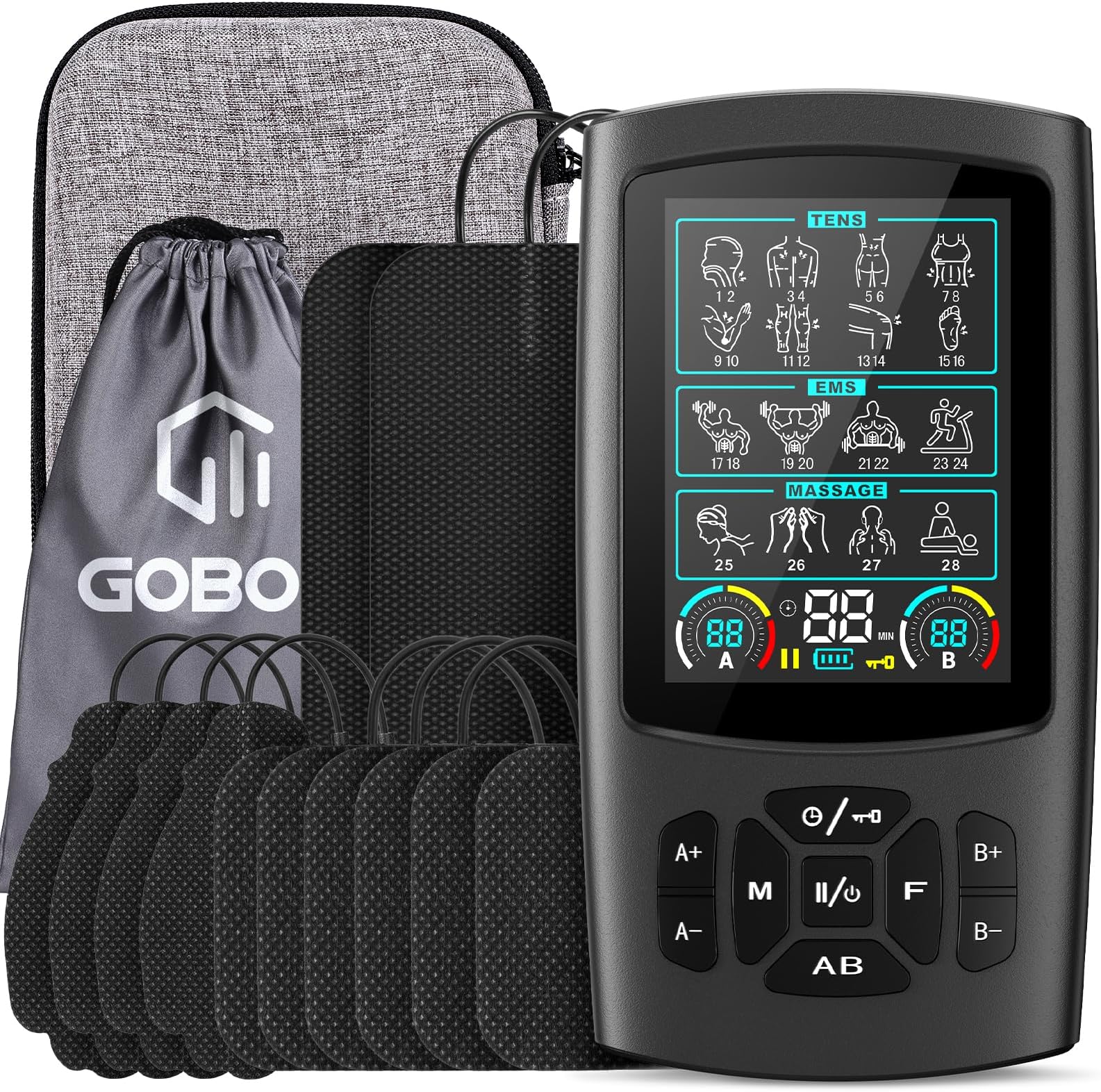 TENS Unit Muscle Stimulator with Color Display - Dual Channel EMS Muscle Stimulator, 28 Therapy Modes, 40 Intensity Levels, 12 Electrode Pads & EVA Case