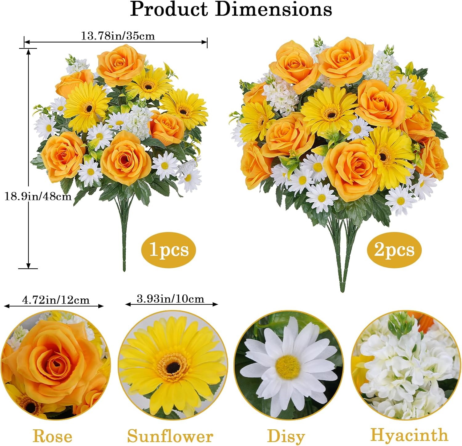 2 Bunches Cemetery Flowers for Grave Vase, 18.9" Artificial Sunflowers Flowers Fake Roses Hyacinths, Silk Floral Arrangements for Indoor living Room kitchen Table Centerpiece Outdoor Gravesites
