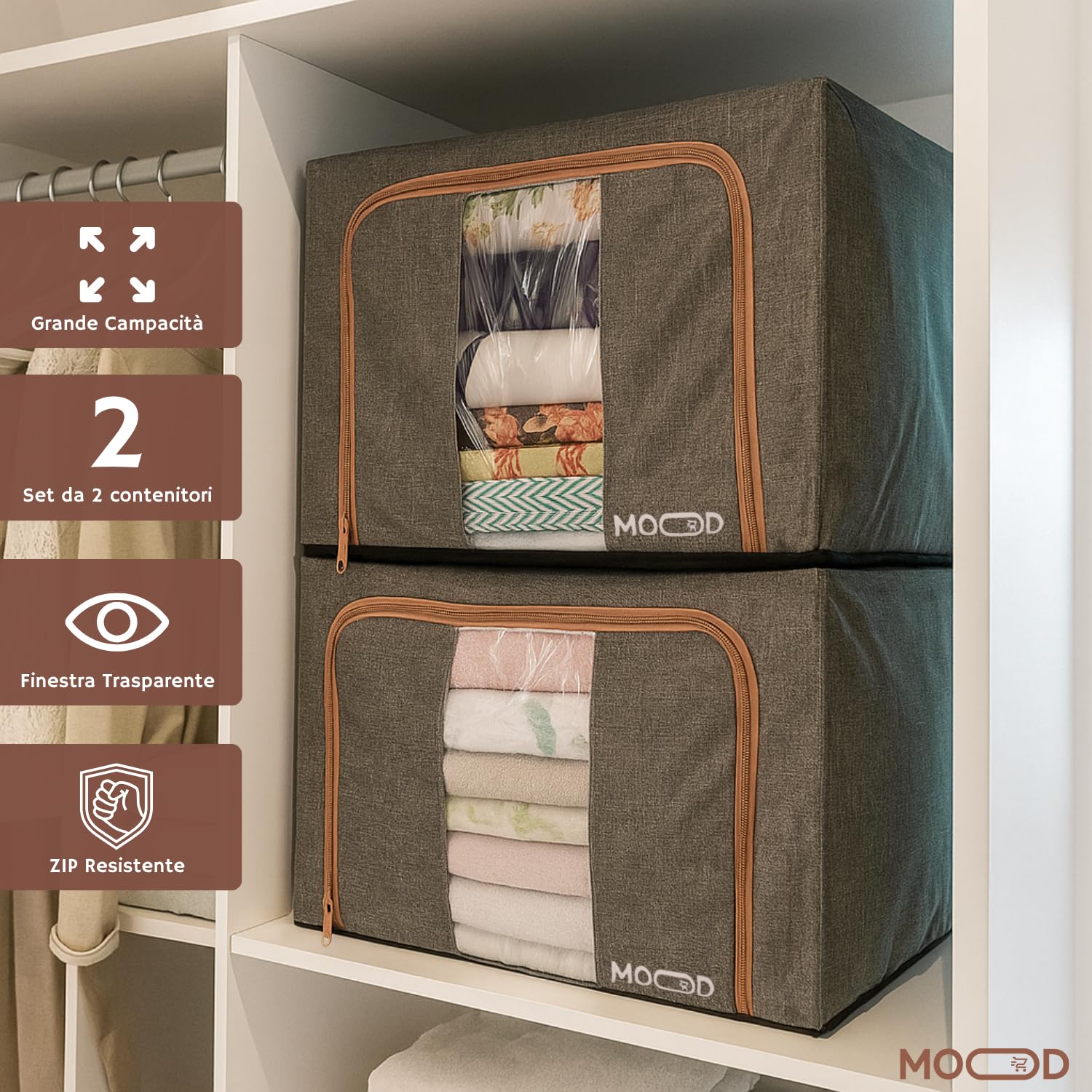 Generico Set 2 scatole per armadio rigide 52x42x33 cm, 132L totali - Tessuto impermeabile e resistente all'umidità, Organizer armadio impilabili con maniglie in acciaio e finestra trasparente