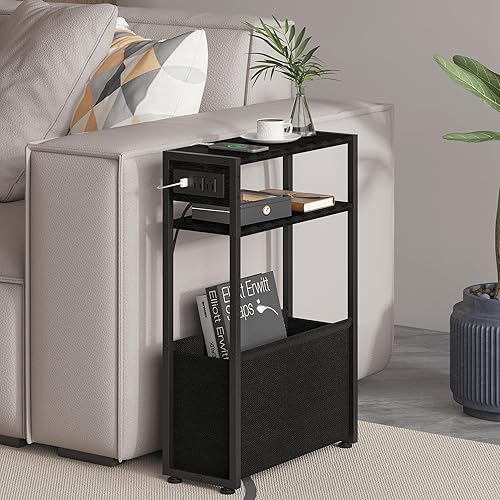 Miniatura 18 de Mesa auxiliar estrecha, mesa auxiliar delgada con revistero, mesa de baño para espacios pequeños, mesita de noche estrecha para sala de estar, Negro