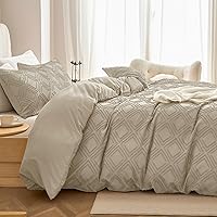 Vista 2 de JELLYMONI Funda de Edredón Tamaño King Color Caqui - Juego de Funda de Edredón Bohemio de 3 Piezas a Cuadros de Poliéster con Mechones Tejido